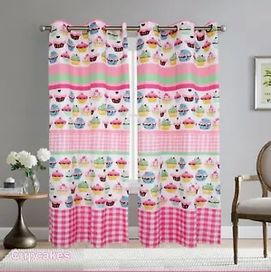 Boys Girls Kids Teens Pink Cup Cakes/Cupcakes 2 Panel Metal Grommets Curtain Set - Picture 1 of 1
