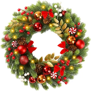 17 Inch Artificial Christmas Wreath for Front Door with 20 LED Lights Pine Needl - Picture 1 of 7