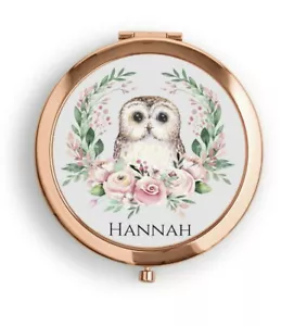 Personalised Rose Gold Compact Pocket Mirror Floral Owl/Birthday/Bridesmaid Gift - Picture 1 of 3