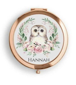 Personalised Rose Gold Compact Pocket Mirror Floral Owl/Birthday/Bridesmaid Gift - Picture 1 of 3