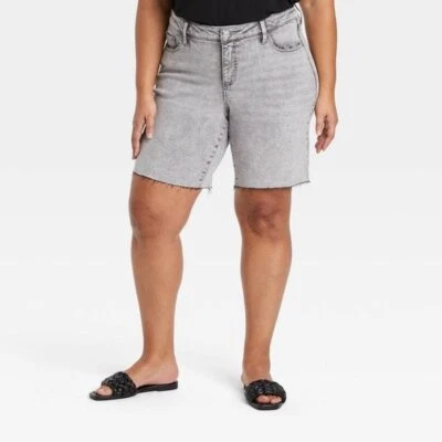 ¡NUEVO! Pantalones cortos de mezclilla elásticos de tiro alto talla grande, Ava & Viv - gris lavado ácido Foto 1 de 4