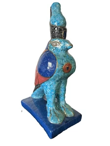 Made in Egypt, Falcon God Horus, Genuine Turquoise, Lapis, Coral Statue Display - Picture 1 of 12