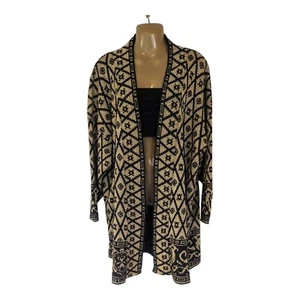 80s Black Gold Metallic Cardigan Sweater Duster Open Oversized Geometric L XL - Picture 1 of 5