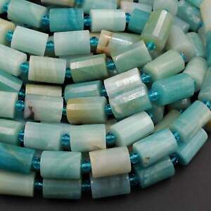Natural Amazonite Beads Blue Green Faceted Tube Barrel High Quality 16" Strand