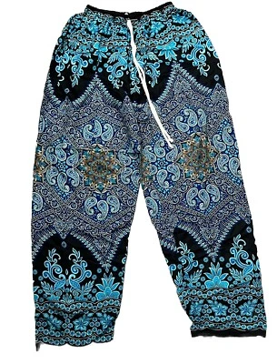 Harem Pants Pocket Elastic Waist Blue Black Paisley Large Festival Hippie Boho - Image 1 of 4