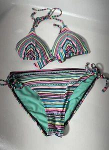 Arizona Push-Up Stripes Halter String Bikini Top Bottom Set size Large - Picture 1 of 9