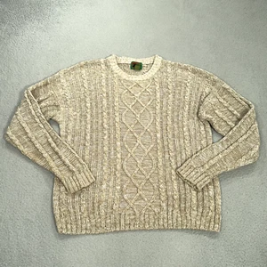 VTG Boston Traders Cable knit Sweater Mens Large Tan Oatmeal Fisherman Pullover - Picture 1 of 9