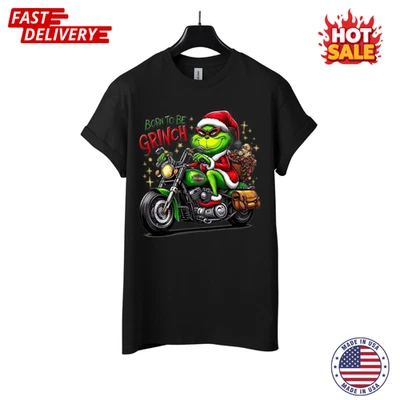 Grinch Christmas T-Shirt Born to Be Grinch Riding Harley Davidson Motorcycle NEW - Image 1 of 3