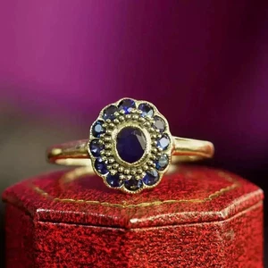 Anillo de boda estilo Art Deco zafiro azul de diamantes creado en laboratorio oro amarillo de 14 k FN - Imagen 1 de 9