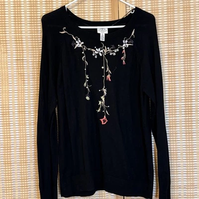 Suéter St.Johns Bay XL para Mujer GrannyCore Negro Bordado Floral Boho Oficina Foto 1 de 4