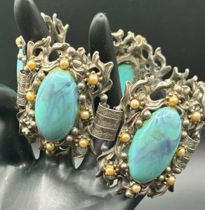 Vintage 60er Jahre Brutalist Jugendstil Silber Türkis Plexiglas breite Platte Armband - Bild 1 von 9