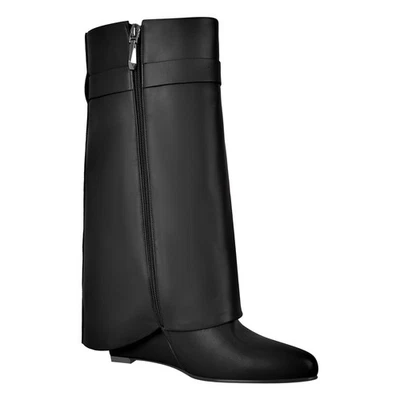 Women's Fold Over Down Mid Calf Boots Pointed Toe Wedge Heel Zipper Booties US15 - Image 1 of 4