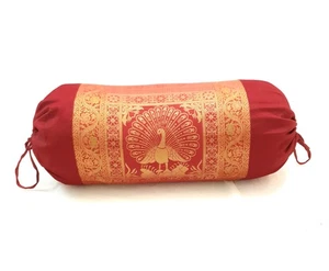 30x15 Inch Maroon Bolster Cover Peacock Woven Zari Brocade Banarasi Silk Decor - Picture 1 of 9