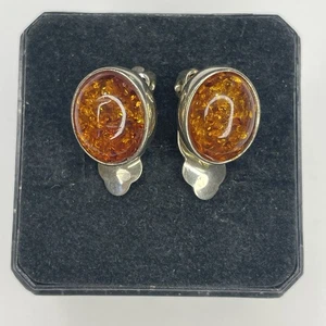 Vintage 925 Sterling Silver Amber Clip On Earrings 4.8g 1/2” Tall Faces - Picture 1 of 3