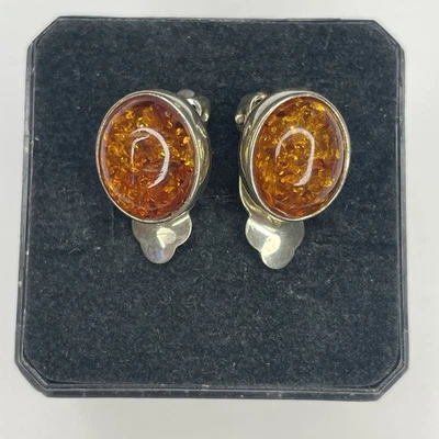 Vintage 925 Sterling Silver Amber Clip On Earrings 4.8g 1/2” Tall Faces - Image 1 of 3