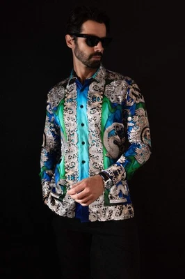 BARABAS Men's Floral Dragon Rhinestone Long Sleeve Shirts 3SPR405 - Image 1 of 4