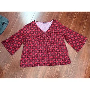 Apt. 9 Womens  Red & Black Geometric Print 3/4 Sleeve V-Neck Top Blouse Plus 2X - Picture 1 of 7