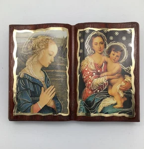 "LIBRO APERTO" IN LEGNO MINIATURA CON MARIA E GESÙ BAMBINO. - Foto 1 di 3