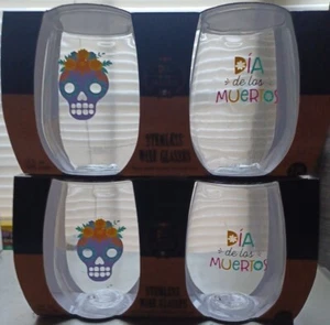Lot of 2 Dia De Los Muertos 2-Pack Stemless Plastic Wine Glasses Day Of The Dead - Picture 1 of 1