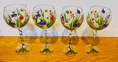НОВЫЙ! Винные кубки с ручной росписью с цветочным рисунком - x4 - Изображение 1 из 4