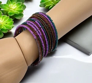 Vintage Multicolor Beaded Coil Bracelet With Purple Green & Brown Seed Beads - Picture 1 of 7