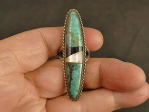 ZUNI TÜRKIS / JET / MOP INLAY 45x10,5MM GROSSER SILBER RING 50er JAHRE TUCSON NACHLASS - Bild 1 von 6
