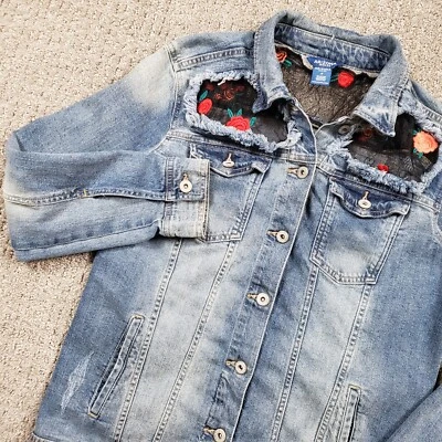 Chaqueta Arizona Mujer Azul Mediana Denim Jean Floral Encaje Envejecido De Colección Años 90 Y2k Foto 1 de 4