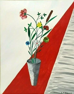 MID 20th C. MODERNIST L KIRYLAK Sd GEOMETRIC STILL LIFE FLOWERS in VASE FRAMED - Picture 1 of 10