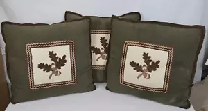 Woolrich Pillow Corduroy Leather Embroidery Hunter Green Rustic Acorns Cabin - Picture 1 of 2