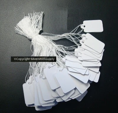 100 White paper jewelry price tags write on label string attch 3/4" x 1/2" PT007 - Image 1 of 3