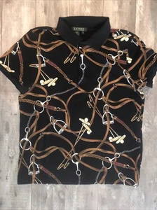 Lauren Ralph Lauren Equestrian Horse All Over Bridle Print Polo Shirt Women’s M - Picture 1 of 4
