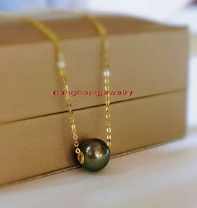 18" 18K GOLD Australia Top natural black GREEN 12-13MM TAHITIAN PEARL necklace - Picture 1 of 10