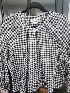 Gap Womens Navy Ruched Sleeve Gingham Blouse XL - Picture 1 of 4