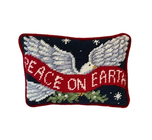Cuscino Peace on Earth piccolo punto ago rosso velluto schiena Natale colomba uccellino 8,5" - Foto 1 di 6
