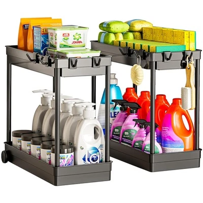 2 Pack Under Sink Organizer, 2 Tier Bathroom Cabinet Organizers and Storage w... - Image 1 of 4