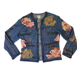 Chico's Jeansjacke mit Blumenstickerei Damen 1 verziert Boho Hippie Perlen - Bild 1 von 17
