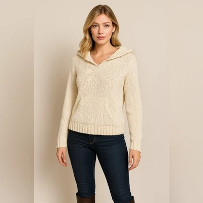 Ralph Lauren Women's Ivory Knit Hooded V Neck Sweater - Image 1 of 4