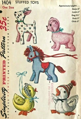 1950's VTG Simplicity Stuffed Toys Horse Lamb Dog Duck Pattern 1404  6",5" UNC - Image 1 of 2