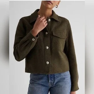 Express Boucle Tweed Button Cropped Shacket Jacke Olivgrün Größe L - Bild 1 von 7