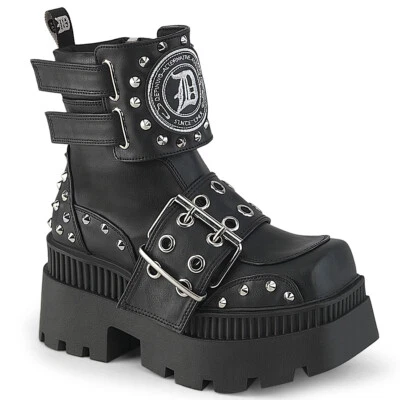 Botas de tornozelo femininas DEMONIA WRATH-58 plataforma robusta gótica fivela punk preta - Imagem 1 de 4
