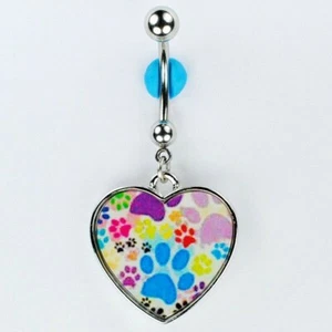 PAW PRINT HEART Dangle Belly Button Ring I Love My Cat Dog Navel Jewelry (C3) - Picture 1 of 1
