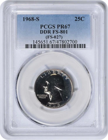 1968-S Washington Quarter DDR FS-801 PR67 PCGS Cover