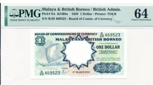 PMG 64 UNC 1959 MALAYA & BRITISH BORNEO 1 Dollars Pick8A KNB8a -B/28 469523 Note - Bild 1 von 2