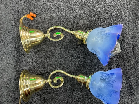Antique Original Pair 1900’s Brass Wall Sconces W/ Original Cobalt Angel Shades Cover