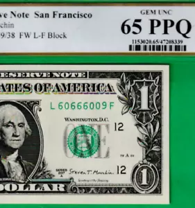 $1 Federal Reserve note FLIPPER FANCY Serial Numbers 60666009 PCGS - Picture 1 of 3