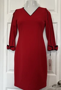 Calvin Klein Red Dress 8 Petite Elegant Stretch Bow Sleeve Black Piping Crepe - Picture 1 of 12