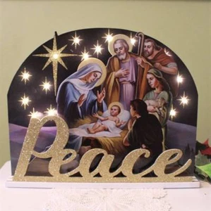 Krippe Set Mantel Deko Glitzer Frieden LED Lichter Schichtholz 13 cm - Bild 1 von 5