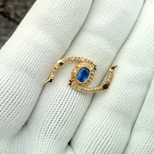 14k Solid Gold Carabiner Double Side Clasp Blue Sapphire Diamond Evil Eye Design - Picture 1 of 4