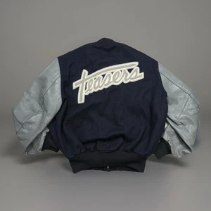 Vintage 1980’s DeLong Black / Gray Wool Leather Varsity Letterman Jacket Sz 46 - Picture 1 of 24