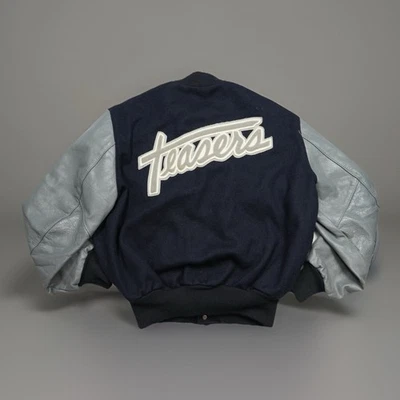 Vintage 1980’s DeLong Black / Gray Wool Leather Varsity Letterman Jacket Sz 46 - Image 1 of 4